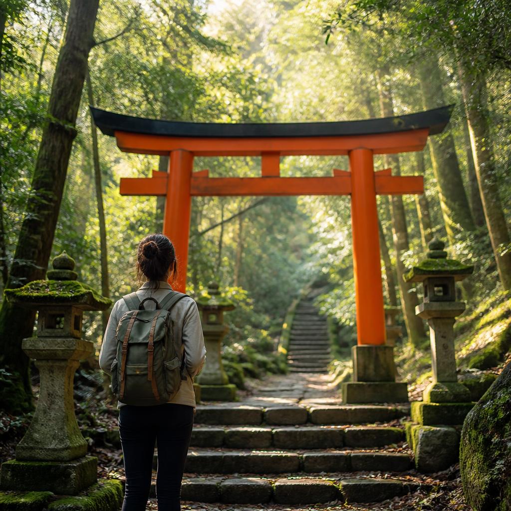 Voyageur solo devant un torii dans une forêt japonaise